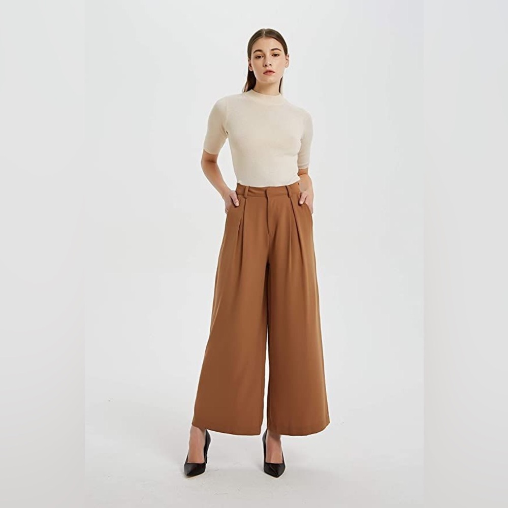 Tronjori High Rise Wide Leg Palazzo Pants in Camel Brown Size M